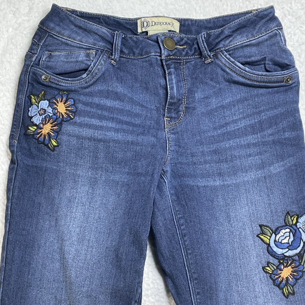 Democracy Jeans Womens 4 Blue Slim Straight Flood Leg Embroidered Low Rise 25x25 - Picture 2 of 13